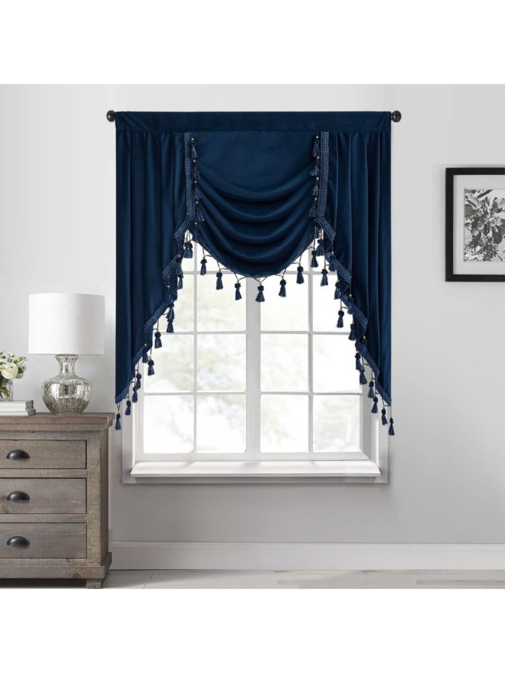Luxurious Navy Blue Velvet Waterfall Valance, 39" Panel for Elegant Home Decor